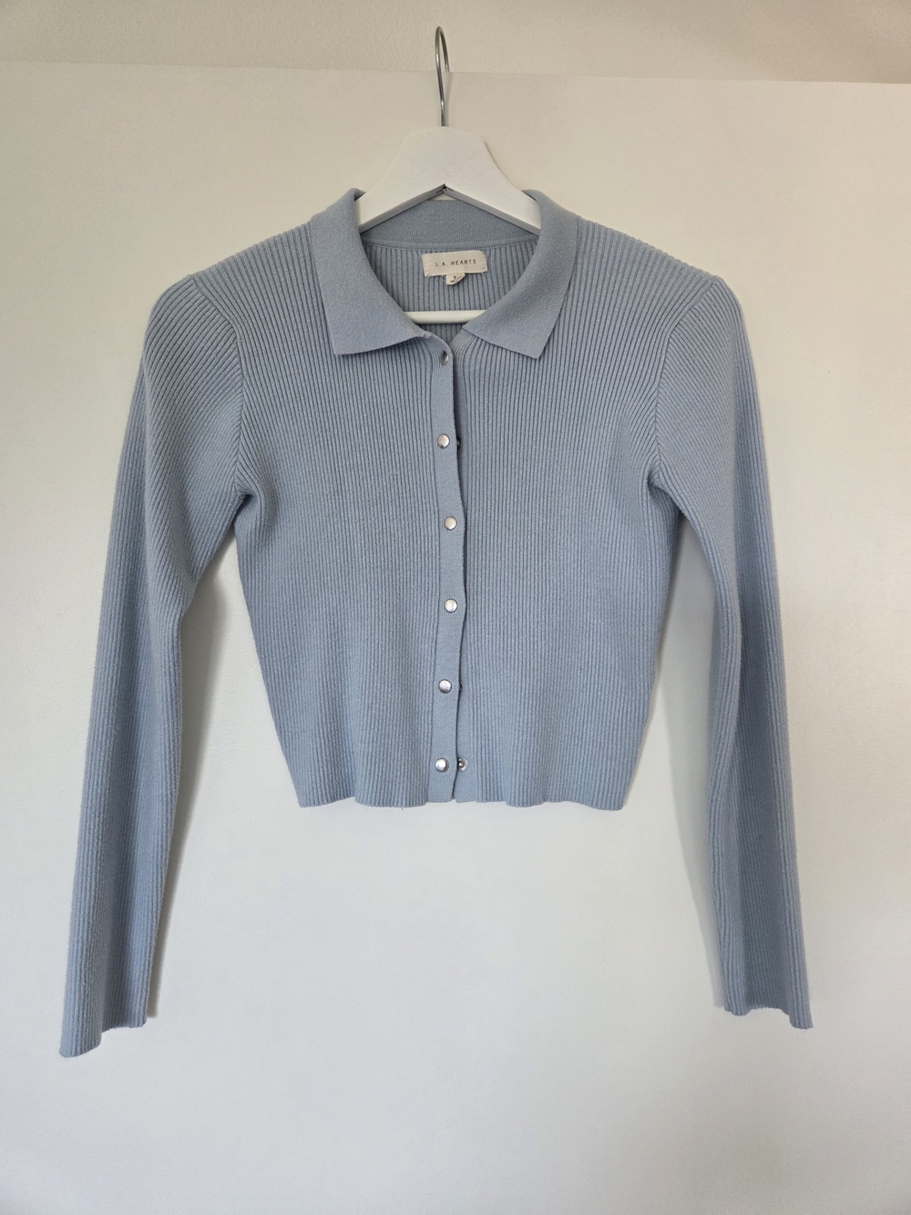 La Hearts Powder Blue Ribbed Polo Cardigan